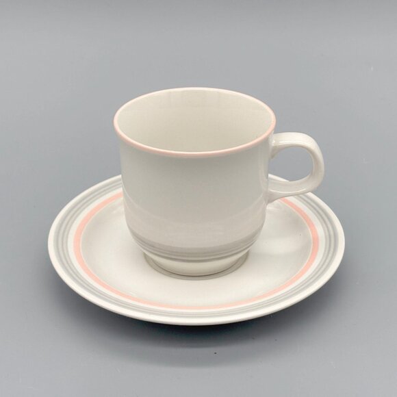 Vintage Japanese Stoneware Pink Rim Coffee Cups And Saucers Set Of 4 Soft Tone - Picture 2 of 7